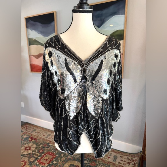 Vintage Silk Sequin Butterfly Cape Top - Picture 1 of 8